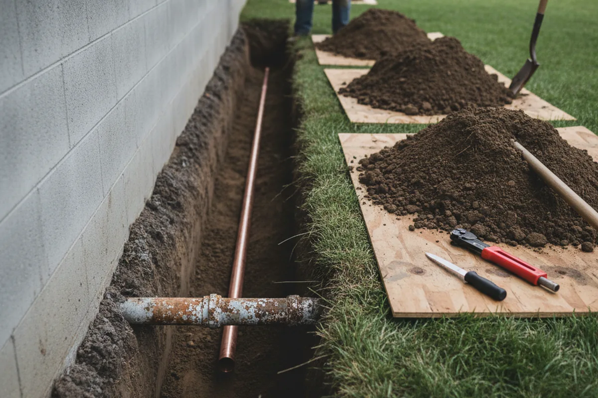 Excavated water line trench during Sewer Line Repair in Cody